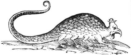 Old drawing of the mythical creature, the basilisk. It has a beaked, bald head like a vulture, wearing a tiny crown. Its body is like a football with eight chicken legs extending out from the bottom, and a long snake's tail at the back.
