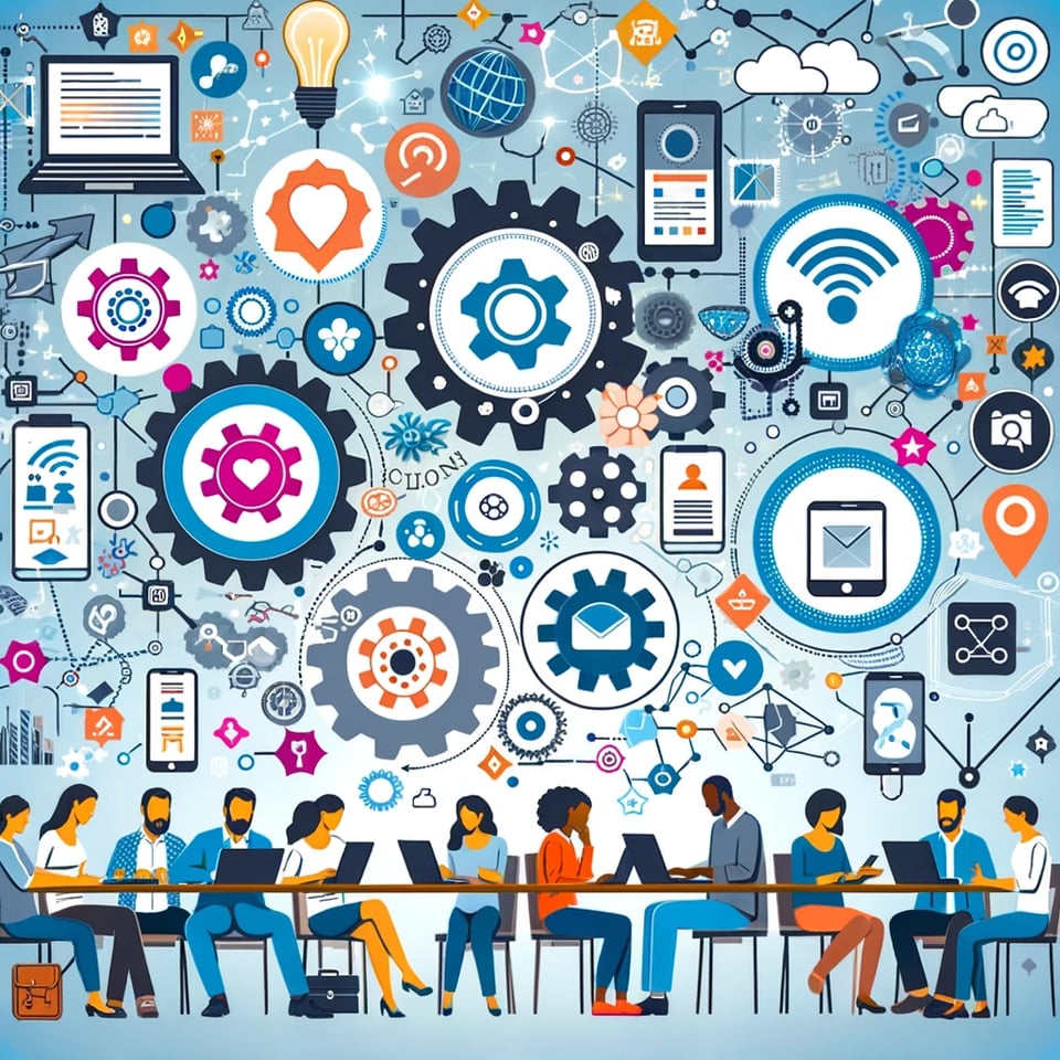 a group of people engaging with various digital devices (like smartphones, laptops, and tablets) in a collaborative setting