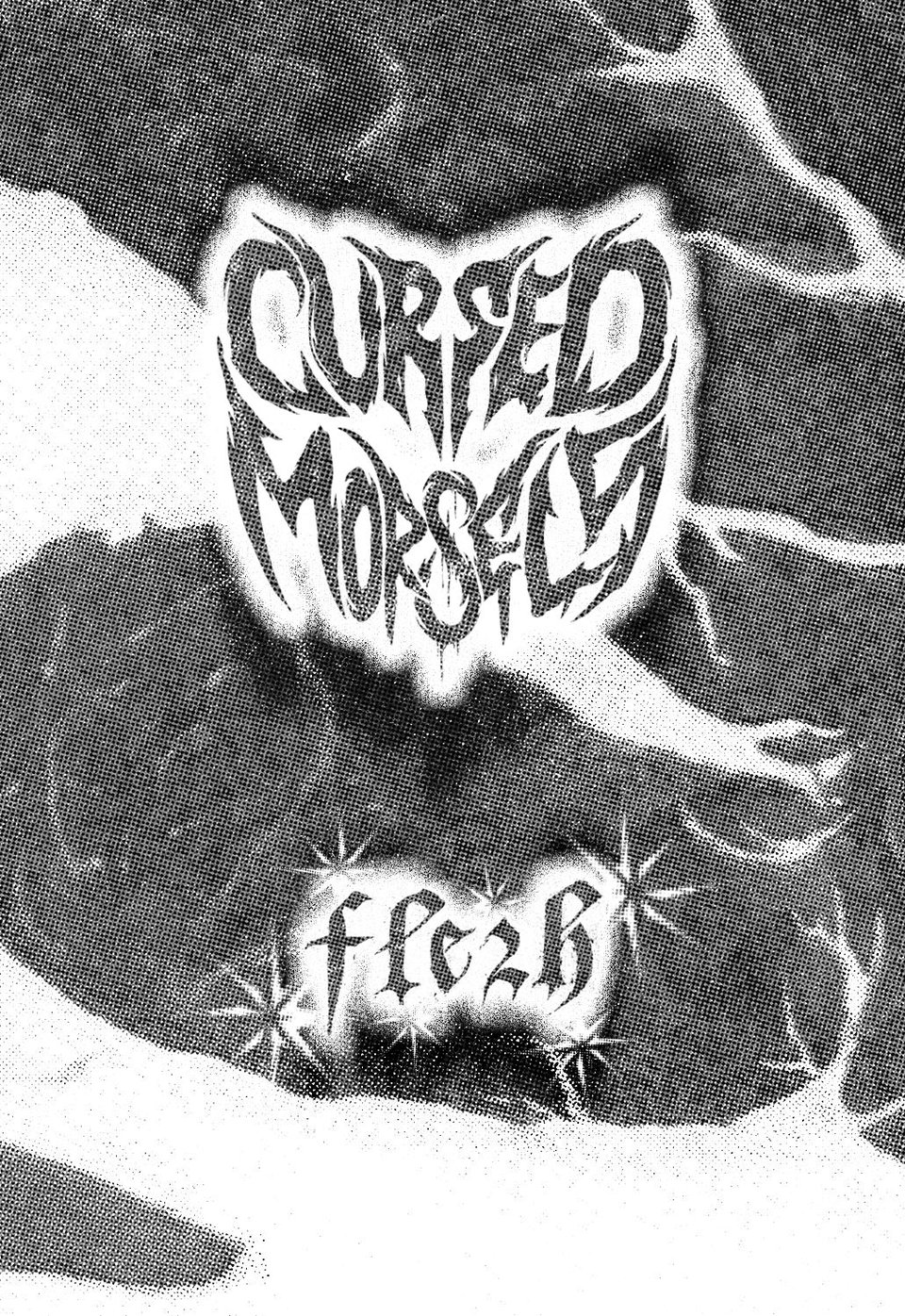 Cover of the FLESH zine, which has a grainy newsprint texture, Cursed Morsels logo and FLESH title layer over an image of marbled meat.