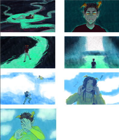 screenshot of a canvas depicting 7 storyboards of a never-started comic. in panel 1, a fantroll lies on a teal surface. in panel 2, he awakens and looks up. in panel 3, he follows a teal pathway in the dark, ascending . in panel 4, he reaches a bright window in the darkness. in panel 5, he has gone through the window and finds himself floating in a blue sky filled with fluffy white clouds, overwhelmed by the newfound brightness. some distance from him is another boy in yellow pajamas. in panel 6, the boy in the yellow pajamas is shouting something that our protagonist cannot hear. in the final panel, our protagonist still overwhelmed with his eyes shut but now suddenly appearing in similar yellow pajamas, shields his face from the light.