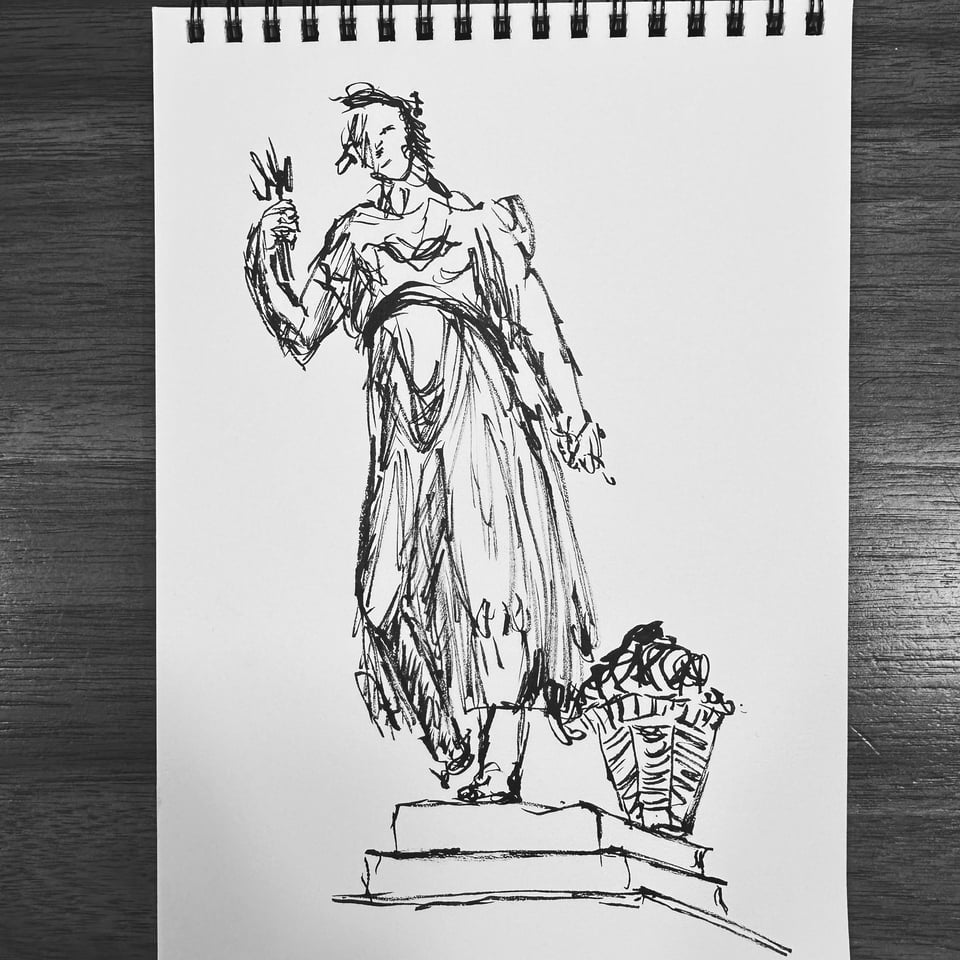 Photo of a brush-pen sketch of a statue on top of a column; maybe it’s Persephone