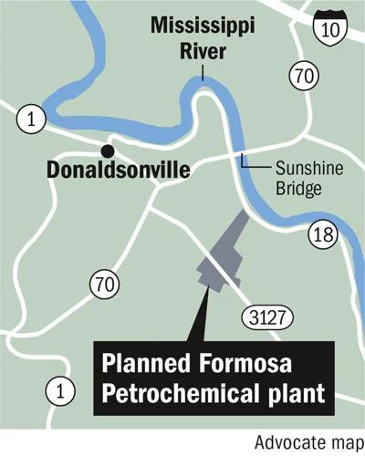 a map of the Mississippi River, the city of Donaldsonville along it, the Sunshine Bridge crossing it, and the planned Formosa petorchemical plant along the river as well