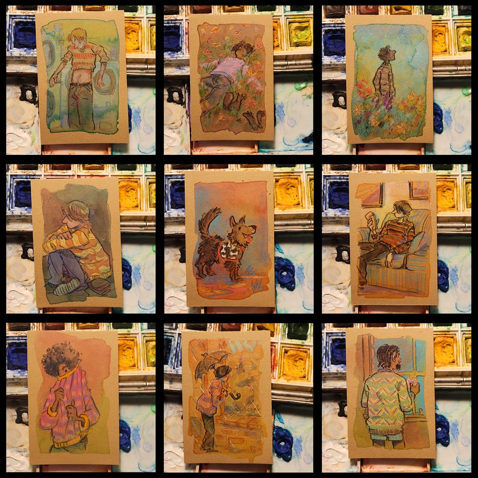 A 3x3 grid of photos of watercolour sketchcards.