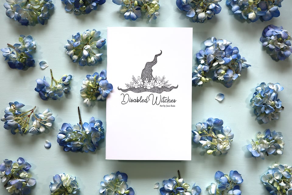 Photo of the art book Disabled Witches, lying on a light blue background, framed by blue hydrangea flowers.