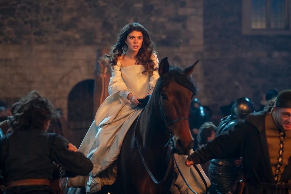 An image from My Lady Jane, showing Jane escaping on a horse (which is no ordinary horse!)