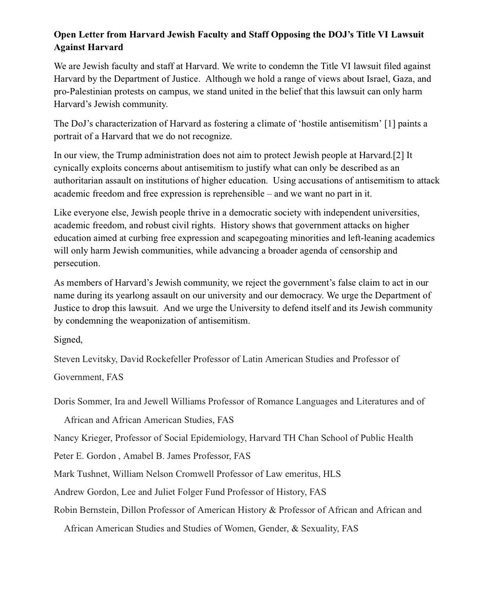 Page 1 of 6 pages of the letter sent by Jewish Harvard faculty and staff in defense of Harvard.