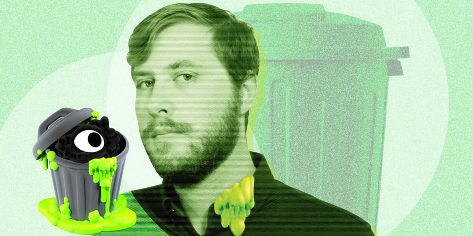 Garbage Day writer, Ryan Broderick, in front of a sickly green garbage can.