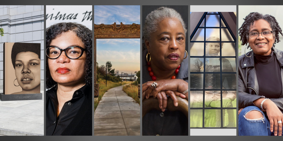 Composite image of three Black women and examples of their public artworks