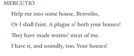 MERCUTIO
Help me into some house, Benvolio,
Or I shall faint. A plague o’ both your houses!
They have made worms’ meat of me.
I have it, and soundly, too. Your houses!