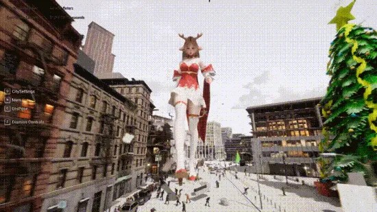 Screenshot of a gigantic young woman in a red-and-white dress, thigh-high white stockings, and reindeer antlers on her head. She's stomping down a city streets where the buildings only come up to her knees.