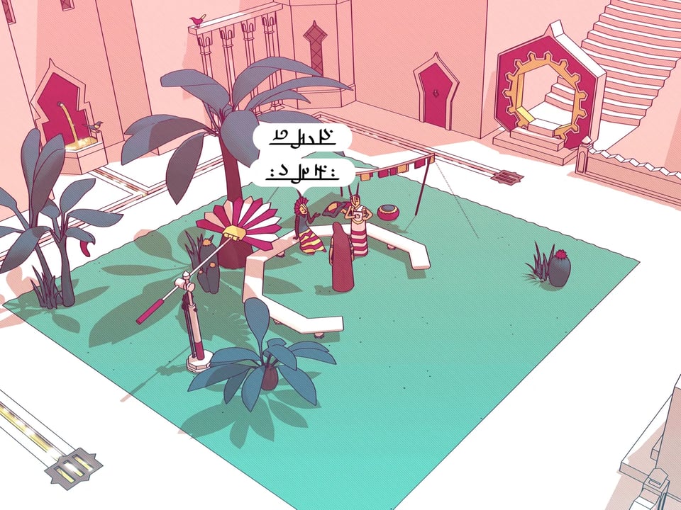 Screenshot of three people in a garden speaking an unknown language