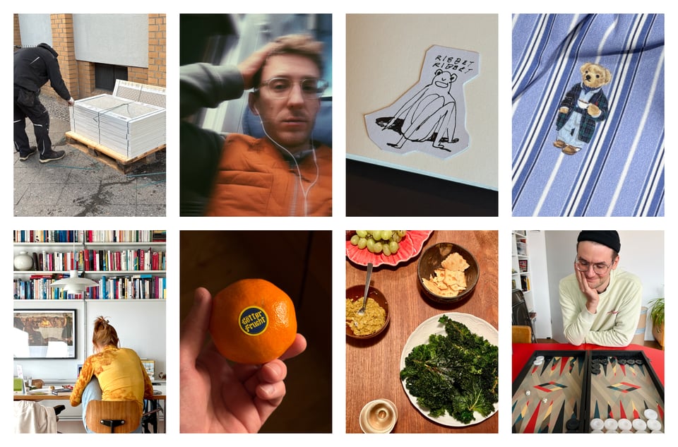 Collage: Backgammon, Grünkohl, Mandarine