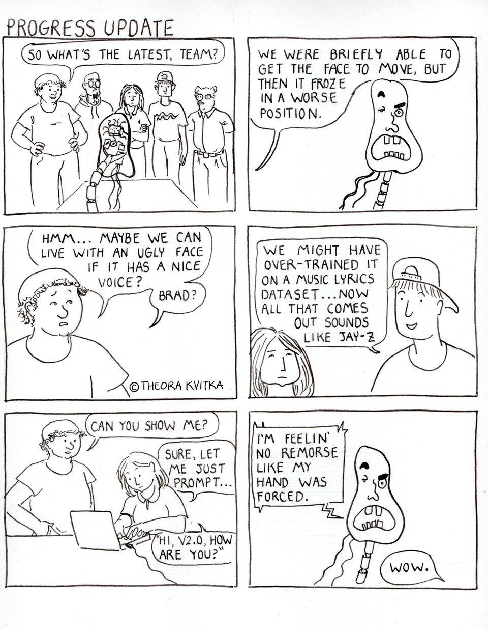 A 6 panel comic showing a Standup meeting with the robot team.