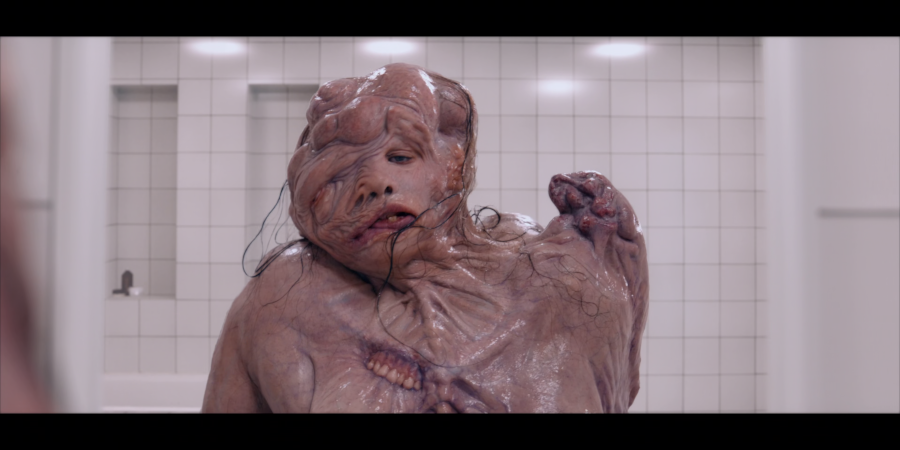 Monstro Elisasue looks at herself in the mirror. She's a Cronenbergian nightmare of flesh.