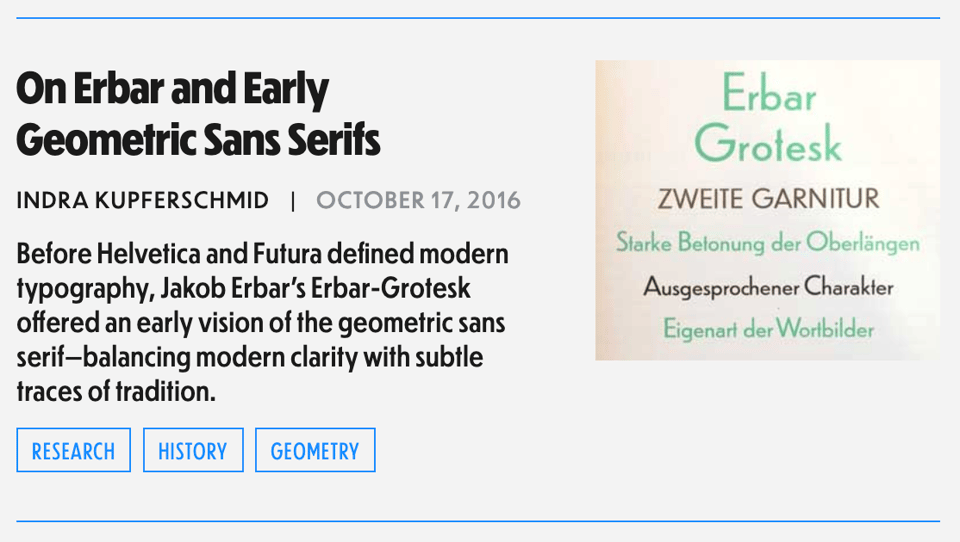 On Erbar and Early Geometric Sans Serifs by Indra Kupferschmid