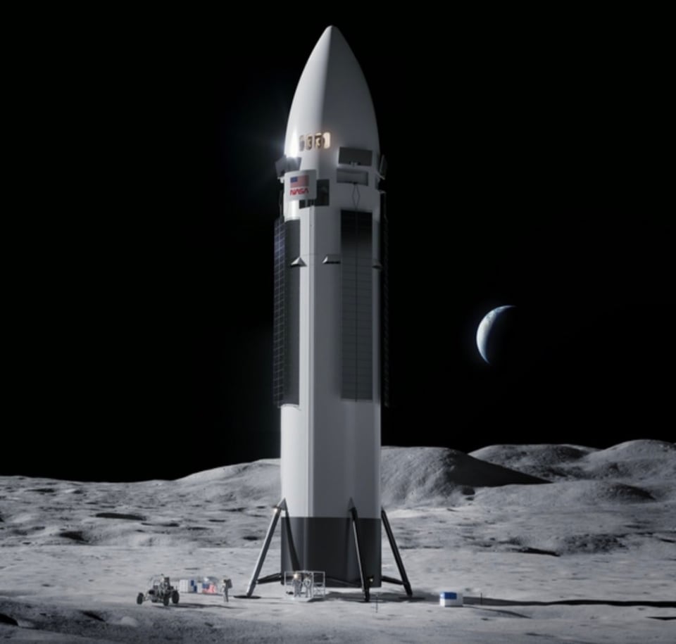 An image of a long, thin, and very tall, streamlined bullet-shaped spacecraft on the lunar surface. Tiny figures of astronauts can be seen at its base.