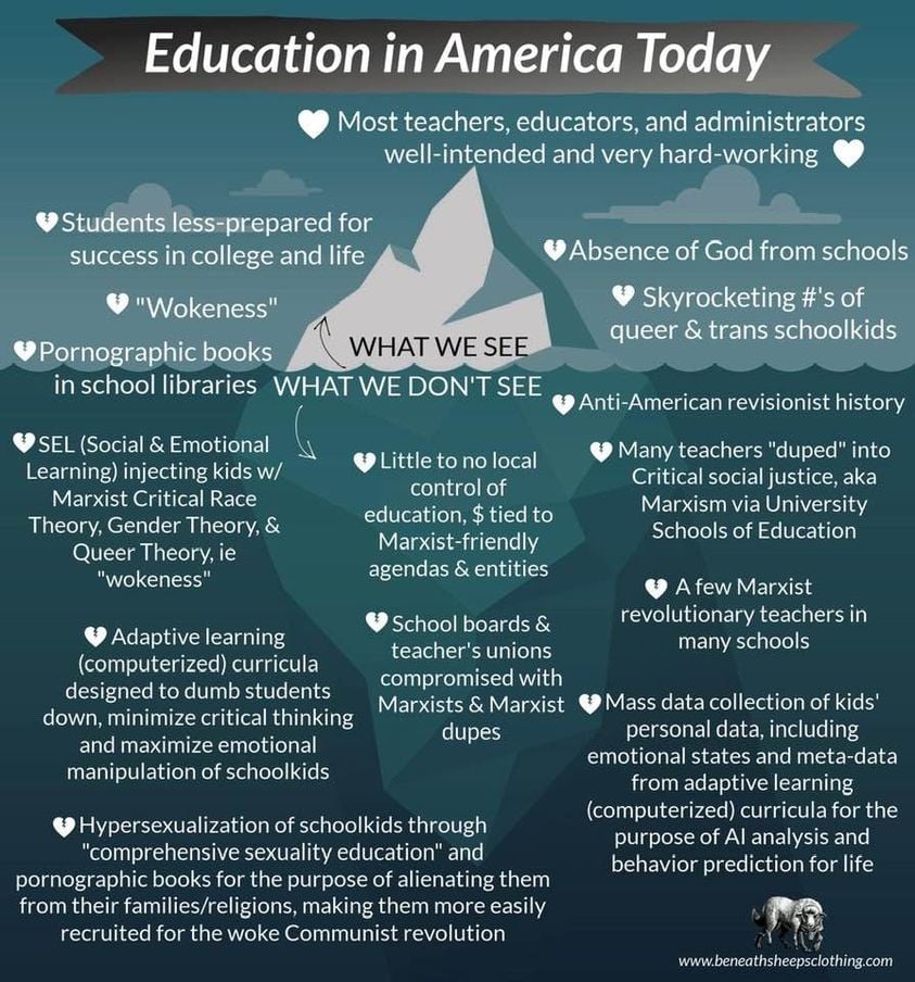 Image from a website called "Beneath sheeps clothing" that showcases what parents don't know about education today. It includes a host of partisan lies about social emotional learning, Marxist critical race theory, and more.