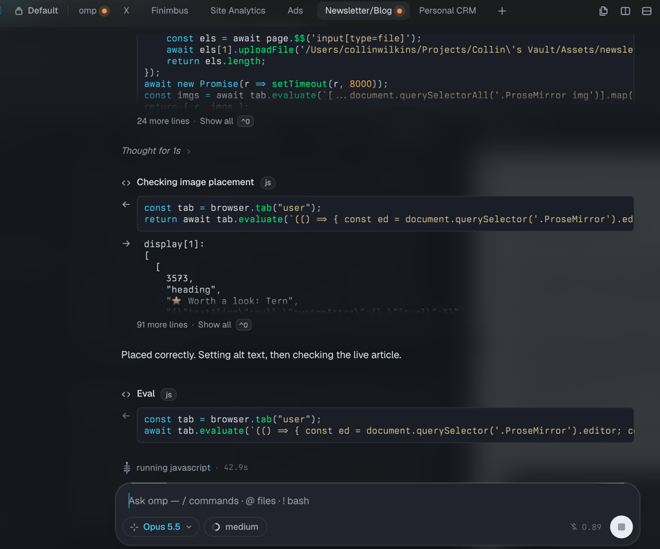 Tern running omp natively: syntax-highlighted code, tool calls, and the omp prompt bar, with tabs for X, Finimbus, Site Analytics, Ads, Newsletter/Blog, and Personal CRM