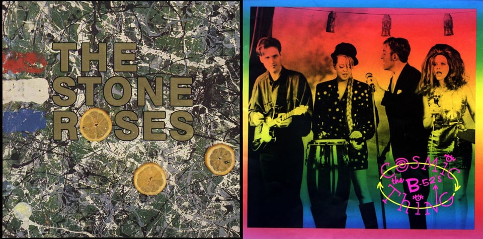 First pic: This is a painting in a Jackson Pollock style, of splatters of white and black paint on a dark green background. On the left are three thick strips of paint, one red, one white, one blue. There are three circular slices of an orange or lemon on the canvas as well. THE STONE ROSES in gold lettering is in the center, and one of those slices forms the O of Roses.  Second pic: A photograph of the B-52's, tinted with a rainbow of colors, red to yellow to green to blue. They are arranged from left to right, in performance. First is Keith Strickland, a young white man with longish New Wavey hair, playing guitar and smiling. Second is Cindy Wilson, a young white woman wearing a bowler-shaped hat and a very long braid going down her shoulder to her waist. She wears a sparkly coat and is playing a bongo and singing. Third is Fred Schneider, a young white man with short hair, in a suit and tie, holding a microphone in a stand, and facing Cindy, singing to her. Last but not least is Kate Pierson, who has very big red hair that frames her face like a circle. She is wearing a shimmering dress and is singing into a microphone on a stand, and is facing (a presumed) audience.