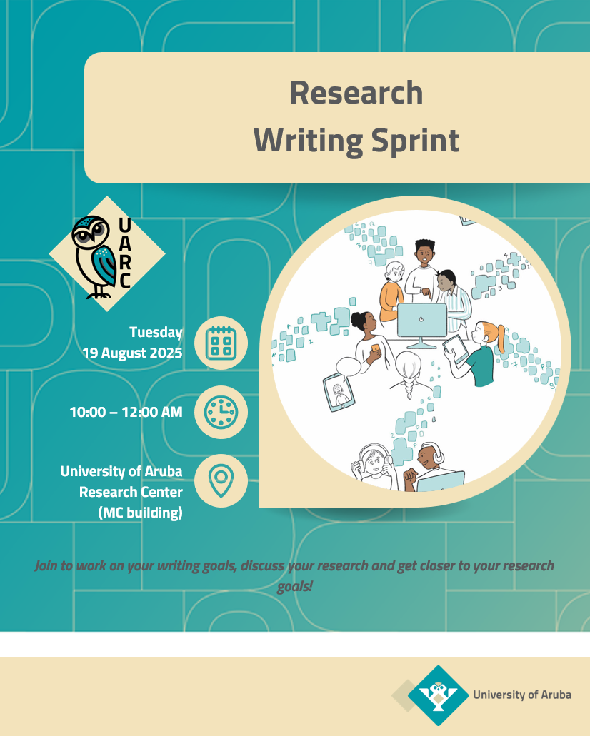 Announcement of the research writing session sprint, taking place on Tuesday 19 August 2025, from 10-12 AM at the Research Center in the MC building of the University of Aruba.