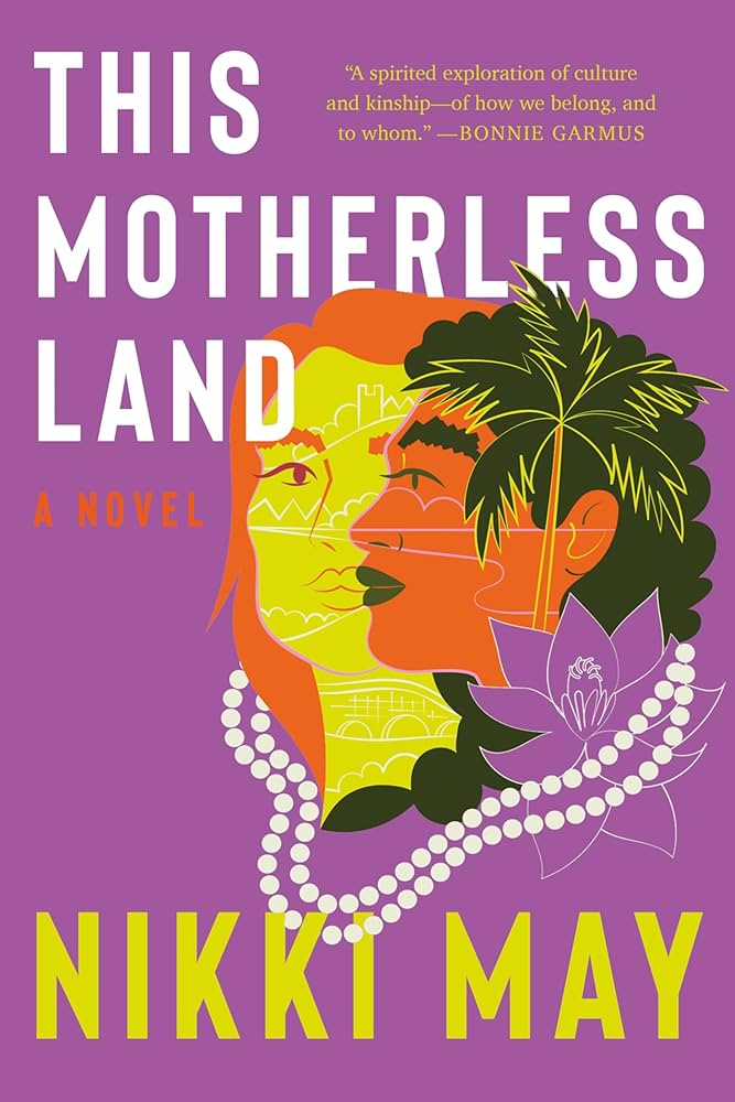 bright purple background, two female illustrated heads to the right side of the image: one (a white woman) with yellow skin and red hair looking out at us, one (a Black woman) with orange skin and black hair, part of it in the shape of a palm tree, looking to the left side of the frame. two strings of pearls around their necks. title in white block text at the top, author name in yellow block text at the bottom