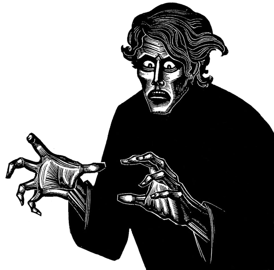 A woodcut of a horrified man with his hands outstretched in front of him