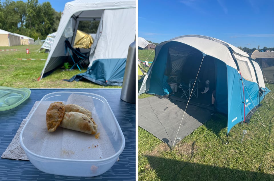 Two. photos side by side. The left hand image shows three empanadas in a tuperware container. The righthand image shows a blue and white family size tent all set up.