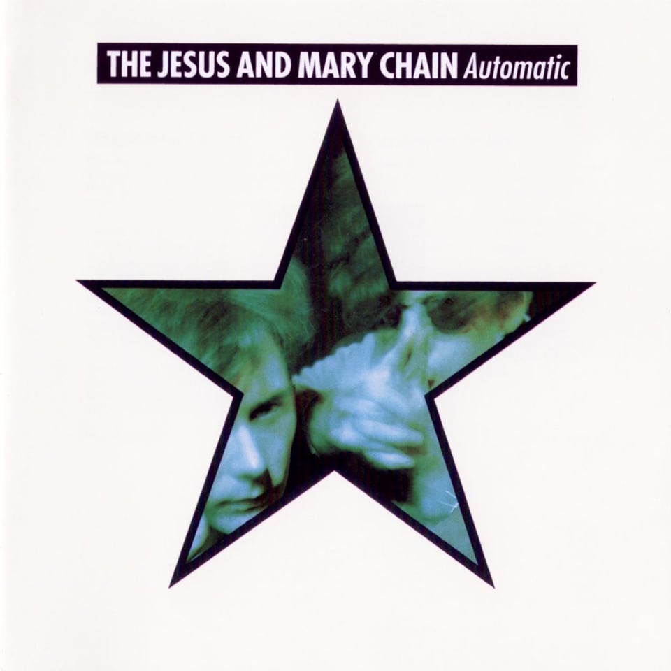 An offwhite background with a large star in the middle. Within the star is a blue-green toned photograph of the faces of Jesus and Mary Chain bandmembers Jim Reid and William Reid. They are both pale white men with shaggy dark hair; one wears sungIasses. I don't know which one's Noel and which one's Liam, I don't know know which one's Tegan and which one's Sara, and I don't know which one's Jim and which one's William. And I like it that way.