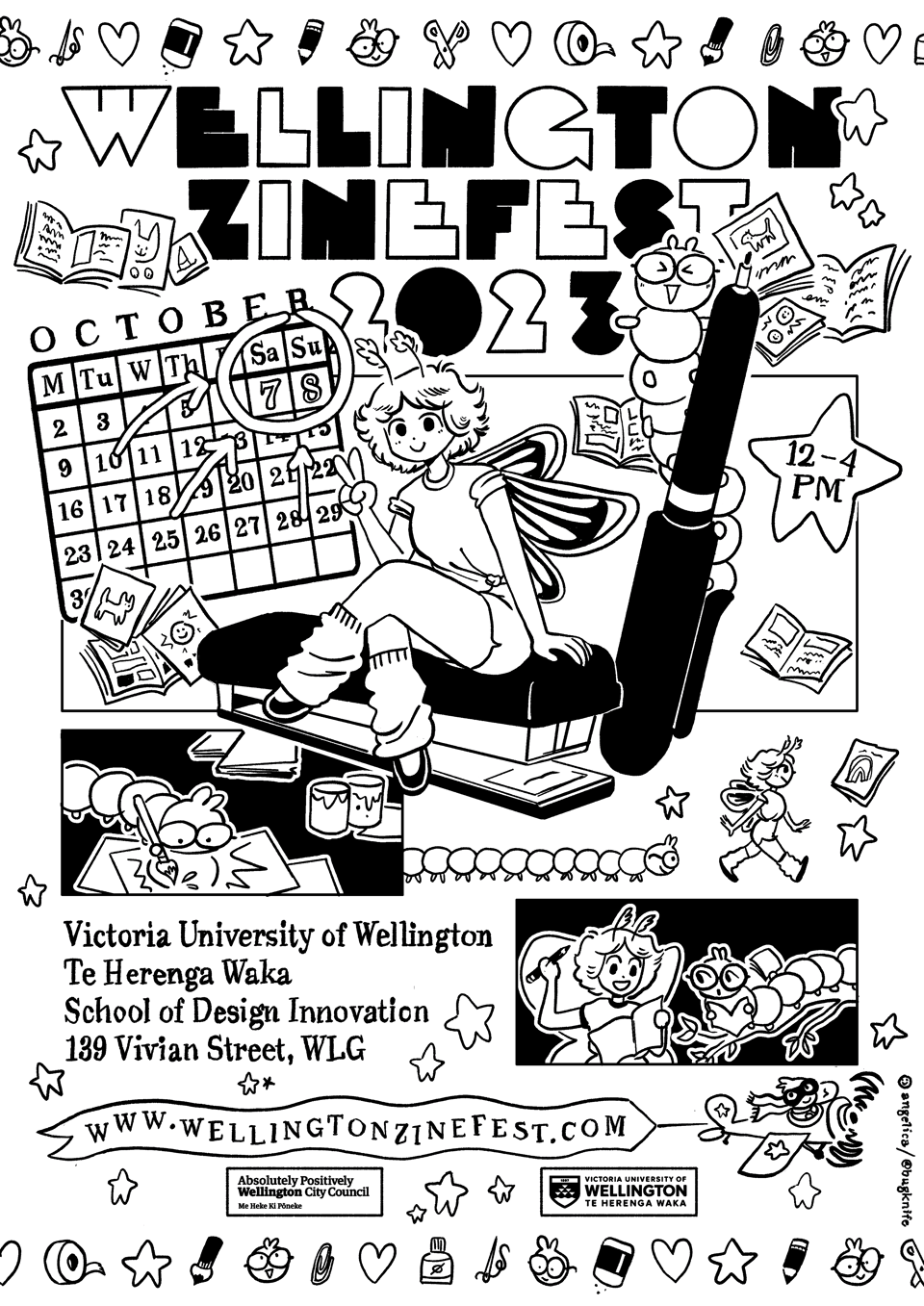A hand-drawn poster showing a bug lady with a paintbrush atop a stapler. Wellington Zine Fest in block letters above real big, and small animals and cute zine materials line each inch. It looks like scrapbook image with washi tape from Daiso.