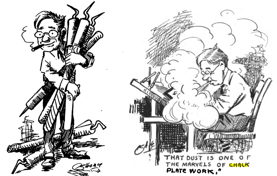 Two ink drawings (left and right) by “Shonk”: left, holding oversized gravers as big as him; right, blowing at his drawing board, showing a cloud of chalk and the albel "that dust is one of the marvels of chalk plate work."