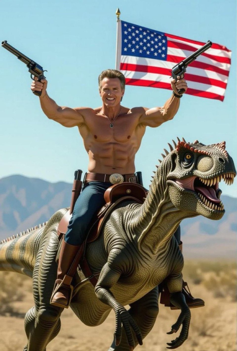 AI image of Newsom, shirtless again, hoisting two pistols while riding a dinosaur across a desert. There is an American flag in the background.
