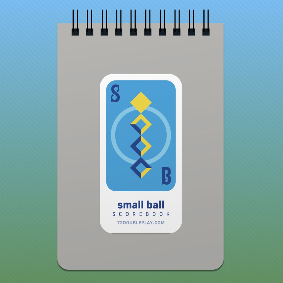 Small Ball Scorebook mockup – Grey cover with the "Card: Retro Brew" sticker