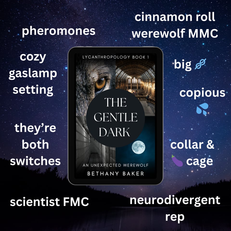 A book map graphic of The Gentle Dark: An Unexpected Werewolf by Bethany Baker. The cover features photos of a wolf's eye, a museum hall, a full moon, and a jail cell. Clockwise from the top left, the text reads: pheromones, cinnamon roll werewolf MMC, big knot, copious cum, collar and cock cage, neurodivergent rep, scientist FMC, they're both switches, cozy Gaslamp setting