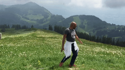 Now I want to go watch the Sound of Music again... Man spinning in a field with mountains in the background
