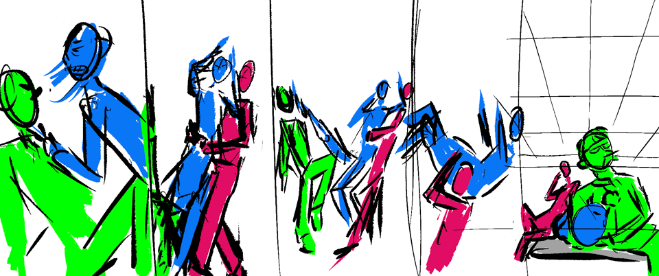 Storyboard with three figures, fighting
