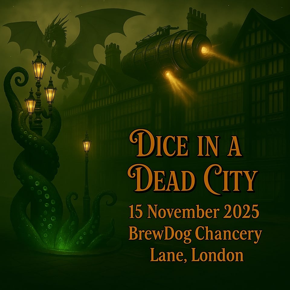 a dragon, a flying machine and tentacles crawl up a lampost in olde london town