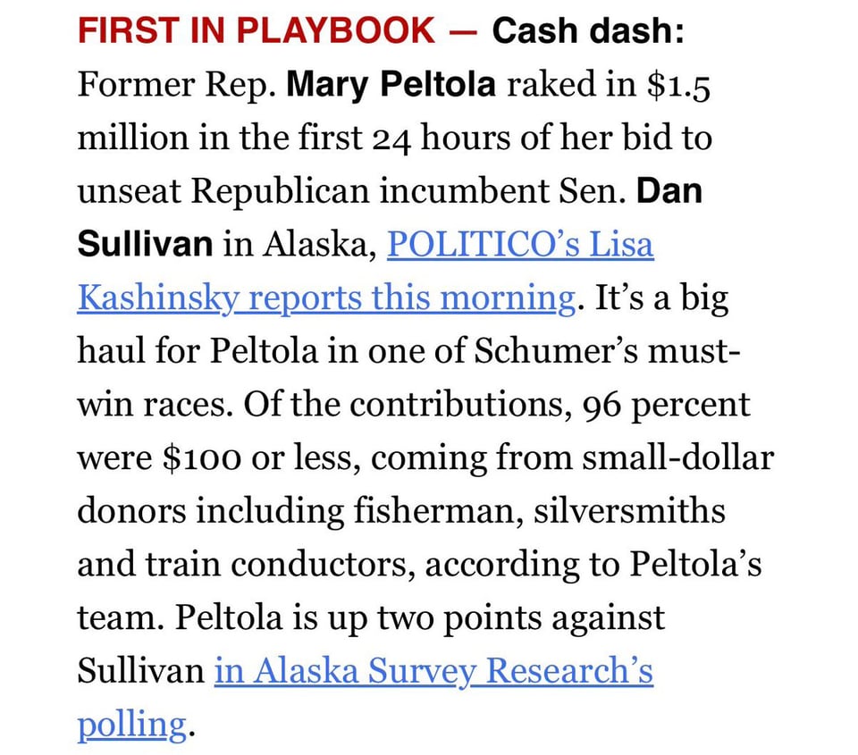 We can win in Alaska.Mary Pelota’s first financial haul suggests she can muster the support to go all the way to the Senate.