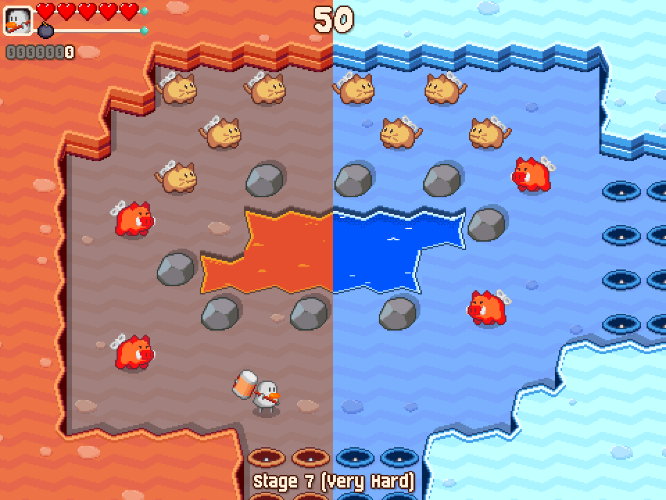 Screenshot of my pixel art game, half in a volcano environment with lava and half in an ice environment with water. The two halves use the same sprites, except with the colors changed.