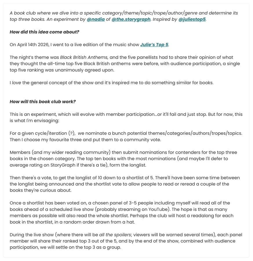 Screenshot of a written outline for Top Three Book Club explaining the concept, inspiration, and format. The document describes it as a community book club experiment inspired by Julie’s Top 5, where members nominate books around a theme, vote a longlist down to a shortlist, then discuss and rank the final top three in a live show.