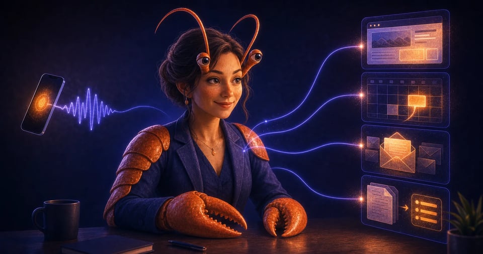 The image shows a lobsteroid human woman (Clawdia) reacting to voice messages and managing my website, calendar, email and task list.