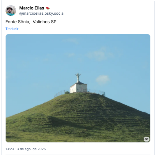 Post de Marcio Elias 🍉(@marcioelias.bsky.social):
Fonte Sônia, Valinhos SP
Post contém foto de uma reprodução da estátua do Cristo Redentor num morro