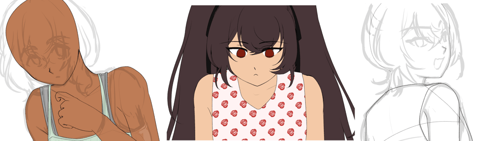 Bust up progress shots of Diana's second pose and Yulia's second and third pose