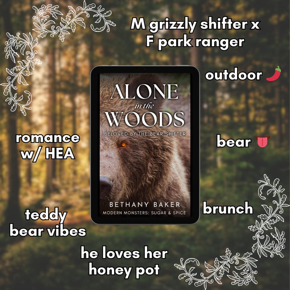 Trope graphic for Alone in the Woods. Clockwise from the top: M grizzly shifter x F park ranger, outdoor spice, bear tongue, brunch, he loves her honey pot, teddy bear vibes, romance w/ HEA (happily ever after)