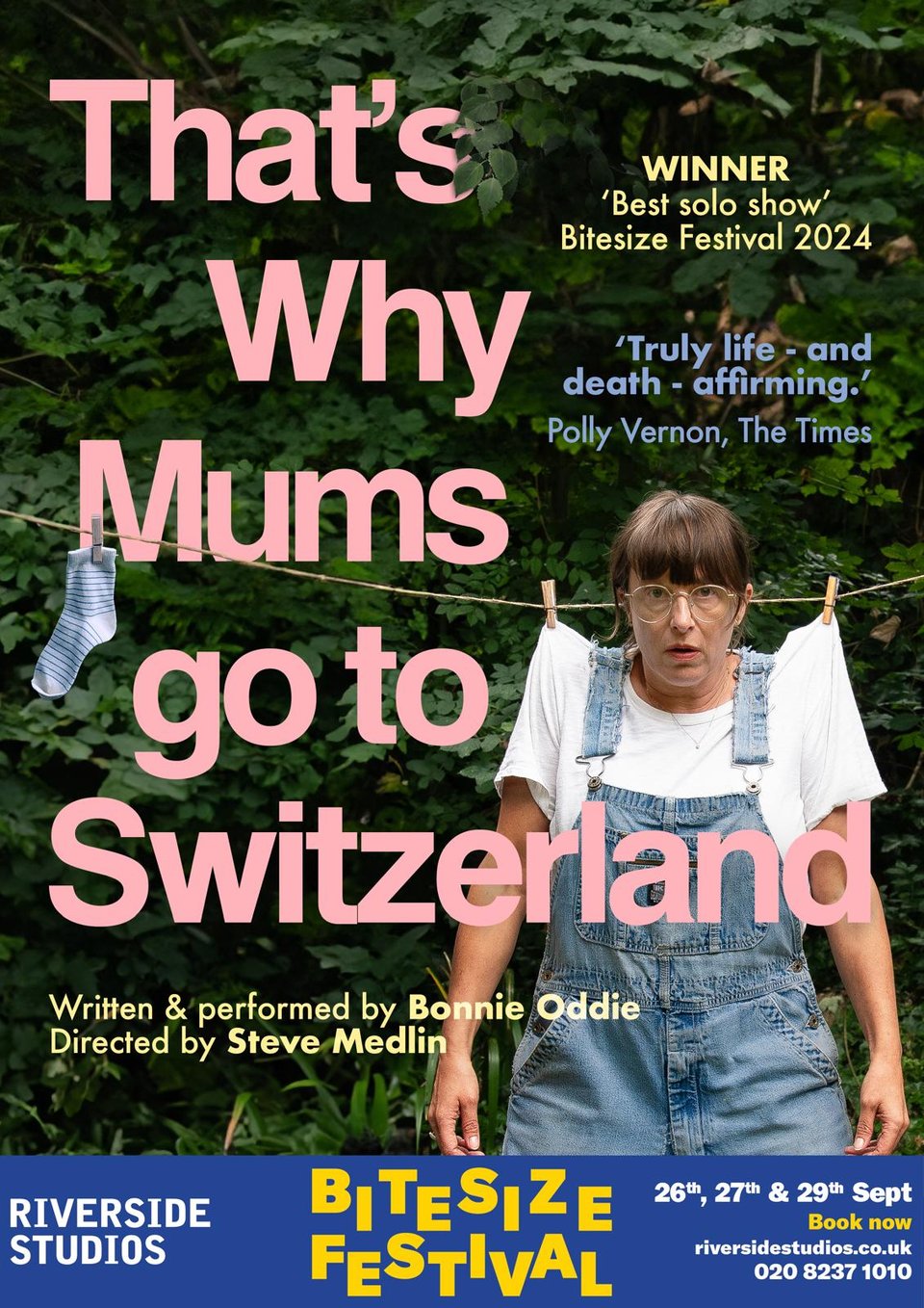 Poster of Bonnie Oddie's play That's Why Mums go to Switzerland featuring Bonnie hanging on clothesline.