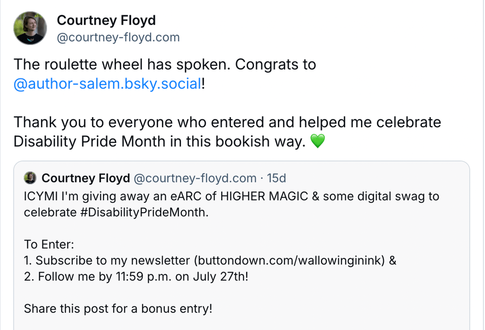 A Bluesky post announcing the winner.
