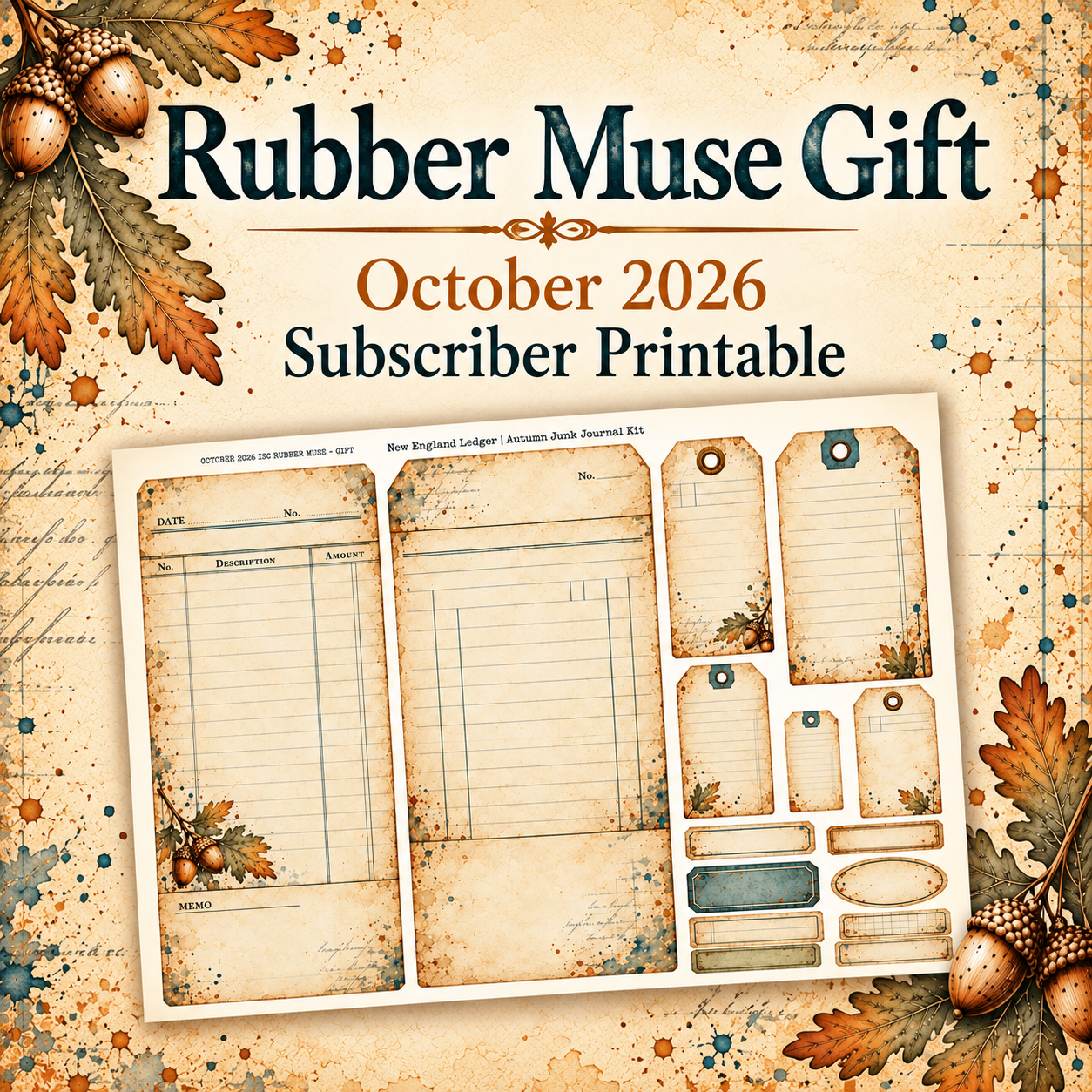 Rubber Muse Gift — October 2026 Subscriber Printable: New England Ledger envelopes, tags and labels