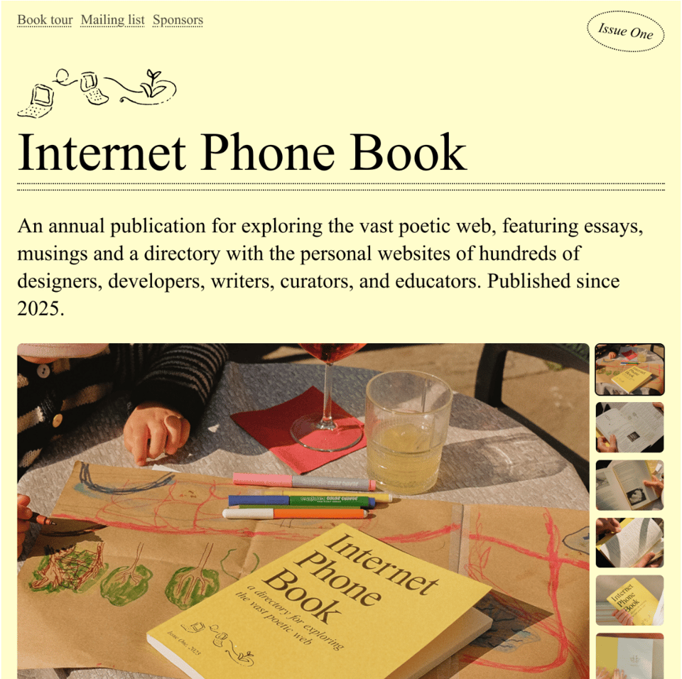 [Webpage for the Internet Phone Book with a soft yellow background, an image, and a description of the publication.]