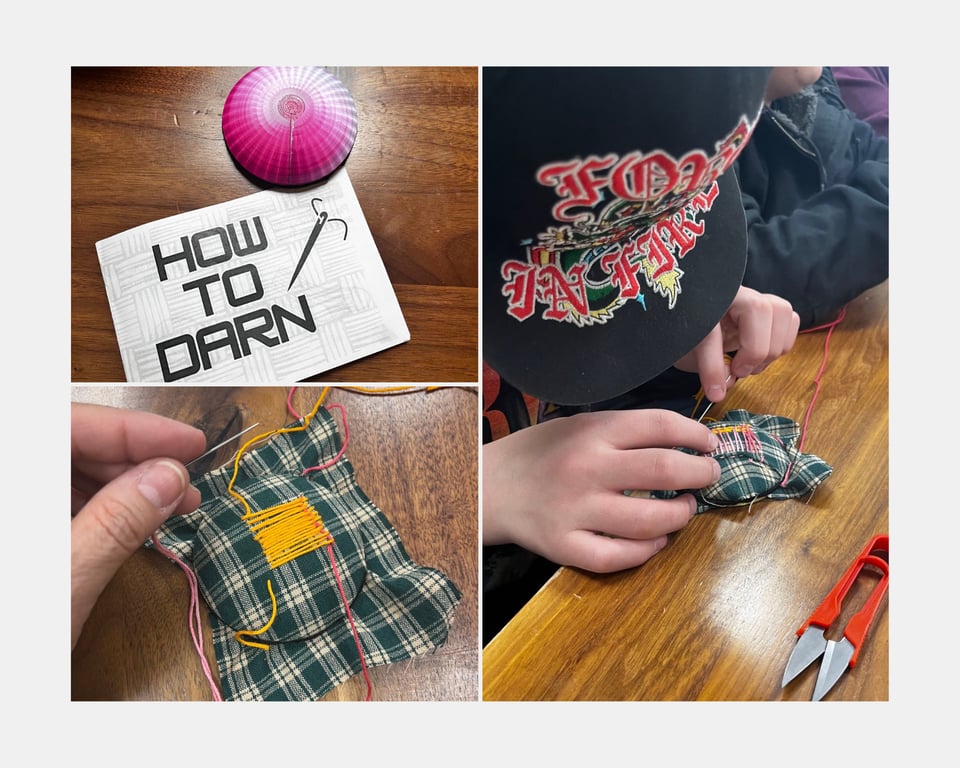 A collage of 3 photos: Top left - a pink darning disc with a "how to darn" zine. Bottom left - yellow and pink threads at the beginning of a woven darn with a hand holding a sewing needle. Right: a middle schooler's hands working on his darned patch with yellow and pink threads.