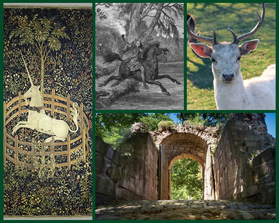 Moodboard with dark green background and four images. The farthest left is a tall, thin slice of the “Unicorn in Captivity” tapestry, depicting a unicorn inside a pen. The top middle image is a black and white drawing of Herne the hunter on horseback, blowing a horn. The top right is a photograph of a white stage. The bottom image shows a ruined castle gate surrounded by trees.