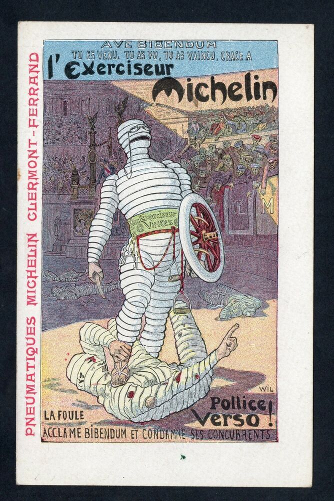 A drawing of the Michelin Man, a male figure composed of stacked-up thin white tires. He is in a gladiatorial arena, standing with his sandaled (and apparently human-fleshed) foot on the neck of his opponent, a similar car-tire-creature with exposed human flesh for hands but otherwise entirely white and plastic. The defeated man has bloody spots on him and is reaching with his left hand to grasp the Michelin man's right ankle, in a futile act of resistance. The Michelin Man is holding a wood-spoked car tire as a shield and a knife